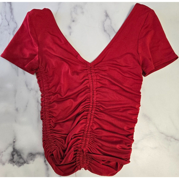 Forever 21 Y2K Top Womens Small Red Ruched Cropped V Neck Stretch Cherry Girl - Picture 3 of 6